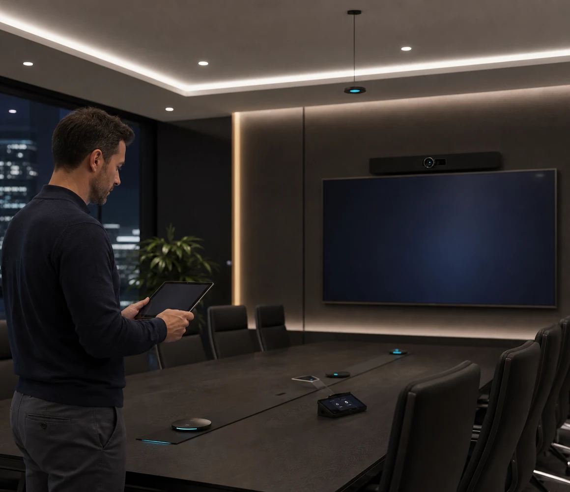 Audio Visual specialist commissioning a completed corporate boardroom