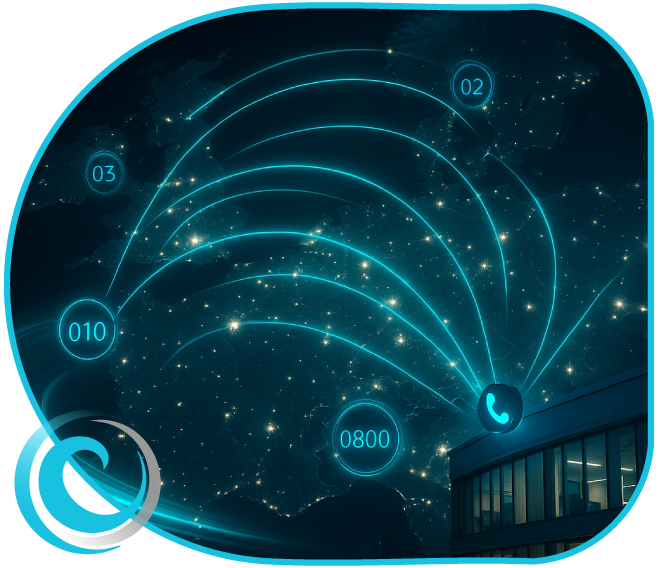 Crestwave telecoms solutions partner, abstract teal swooshes over night city