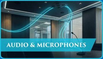 Integrated boardroom ceiling microphones and speakers