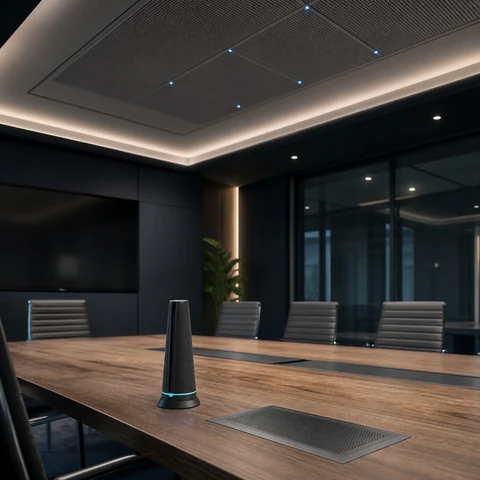 Integrated boardroom microphones and speakers