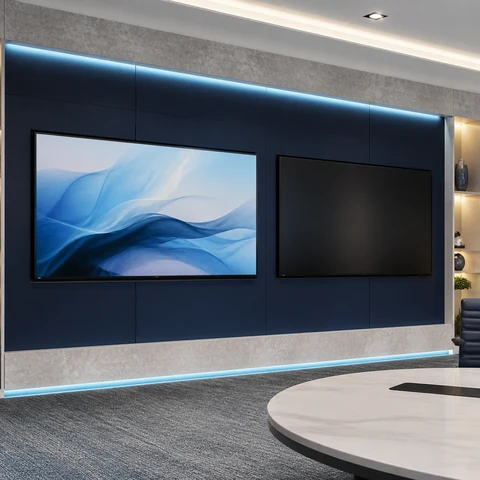 Commercial displays integrated into a boardroom wall