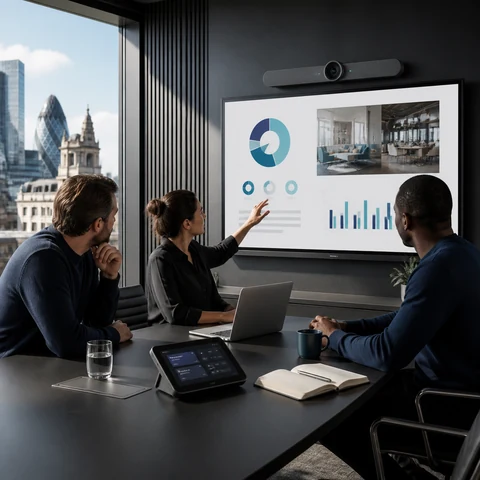 Corporate team collaborating with integrated Audio Visual technology