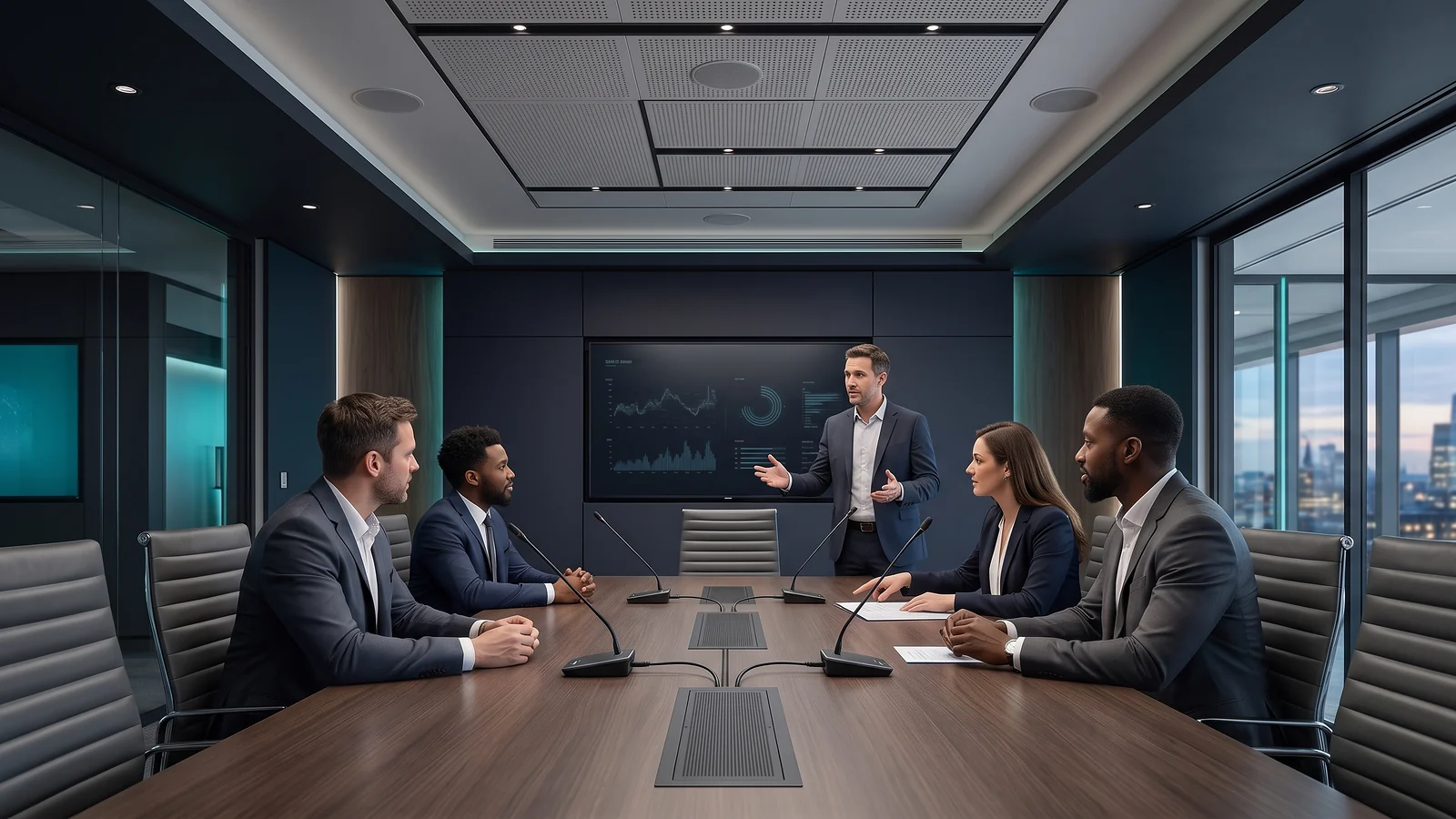Corporate meeting using discreet microphones and integrated room audio