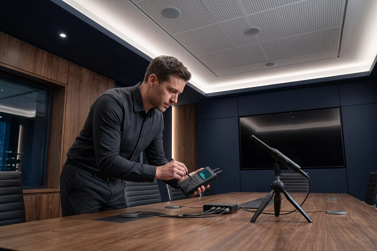 Audio Visual specialist calibrating boardroom microphones with professional test equipment