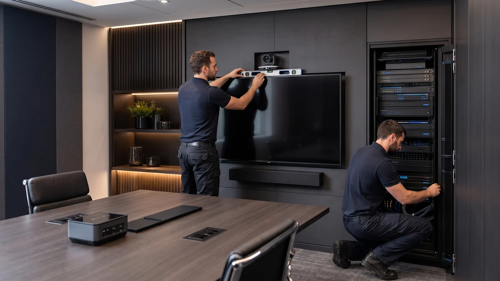 Audio Visual specialists commissioning a boardroom display, camera and equipment rack