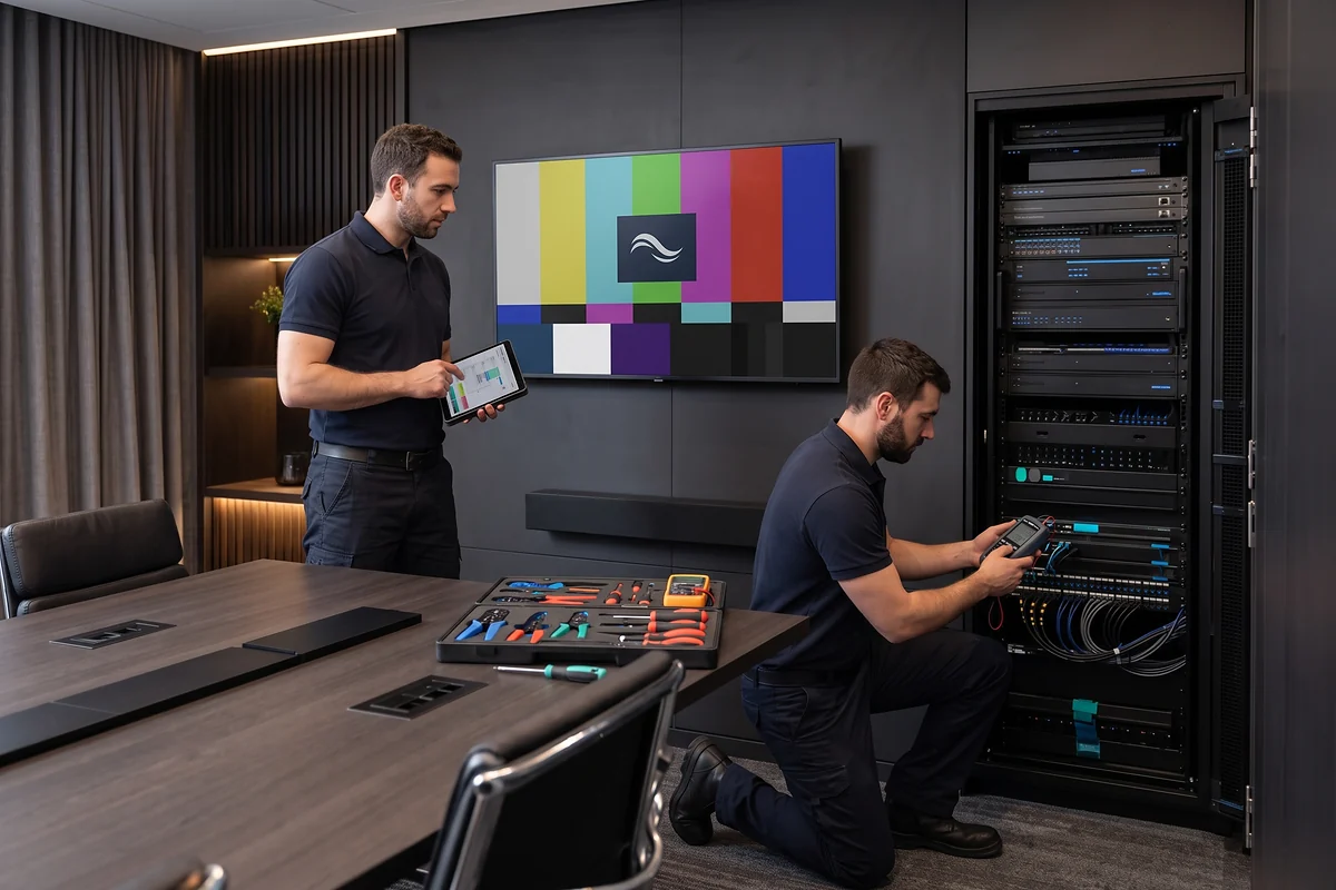 Technicians completing cable checks and testing a finished corporate AV installation
