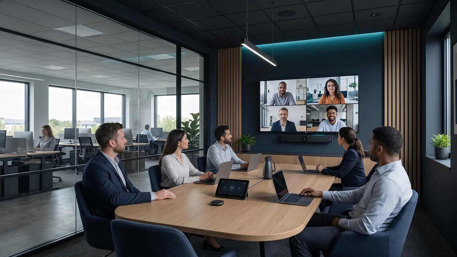 Business team using a completed corporate meeting room Audio Visual system
