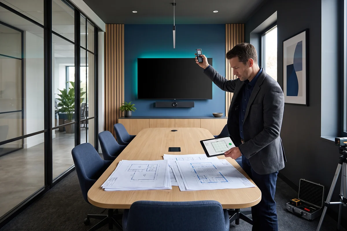 Audio Visual consultant assessing a corporate meeting room and planning equipment positions