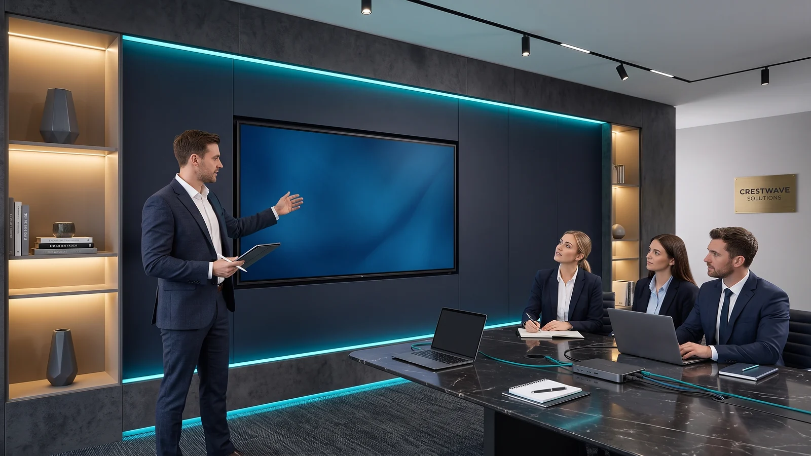 Presenter using a large commercial display in a modern boardroom