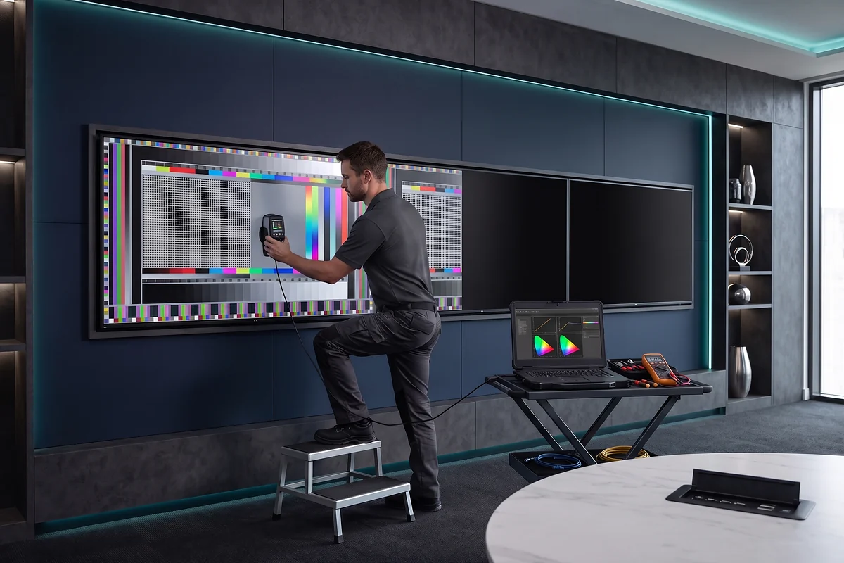 Technician calibrating commercial meeting room displays for consistent picture quality