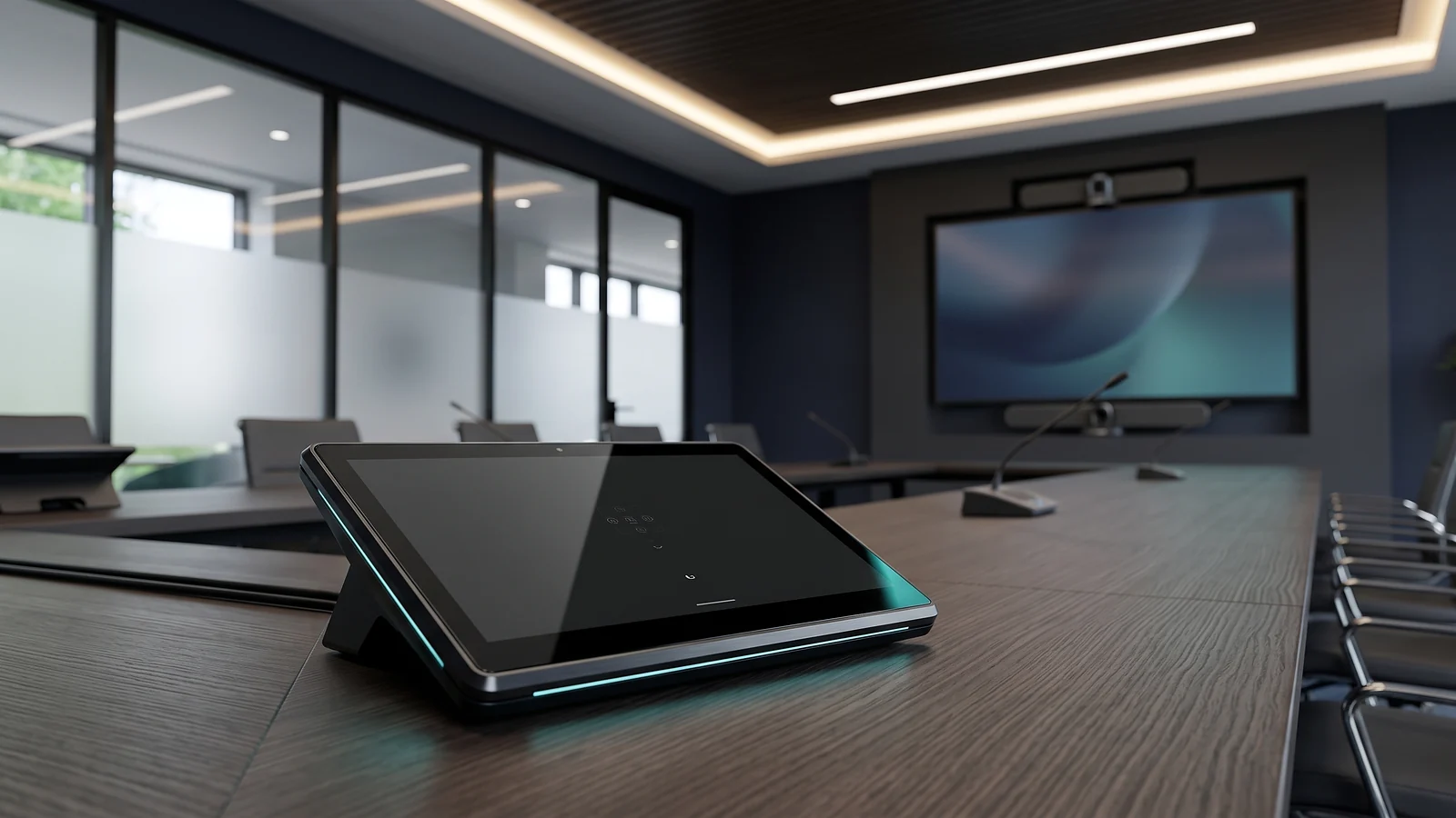 Meeting room touch controller connected to the wider Audio Visual environment