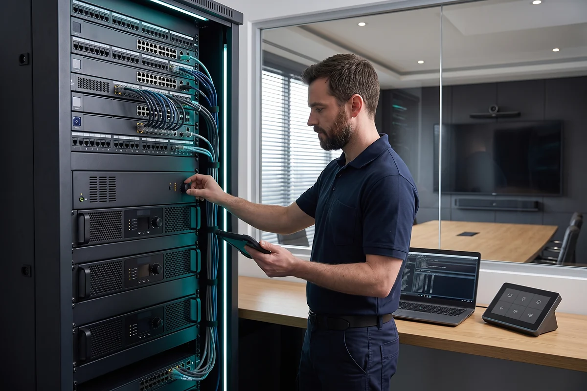 Specialist commissioning integrated meeting room technology at an organised equipment rack