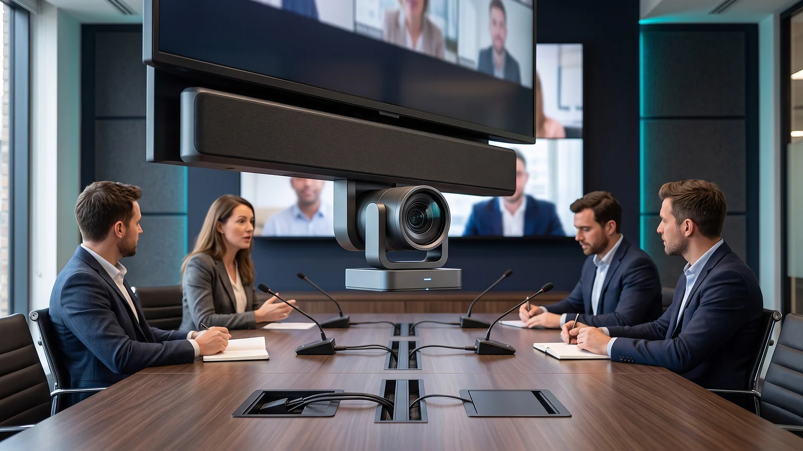 Professional meeting room camera supporting in-room and remote participants