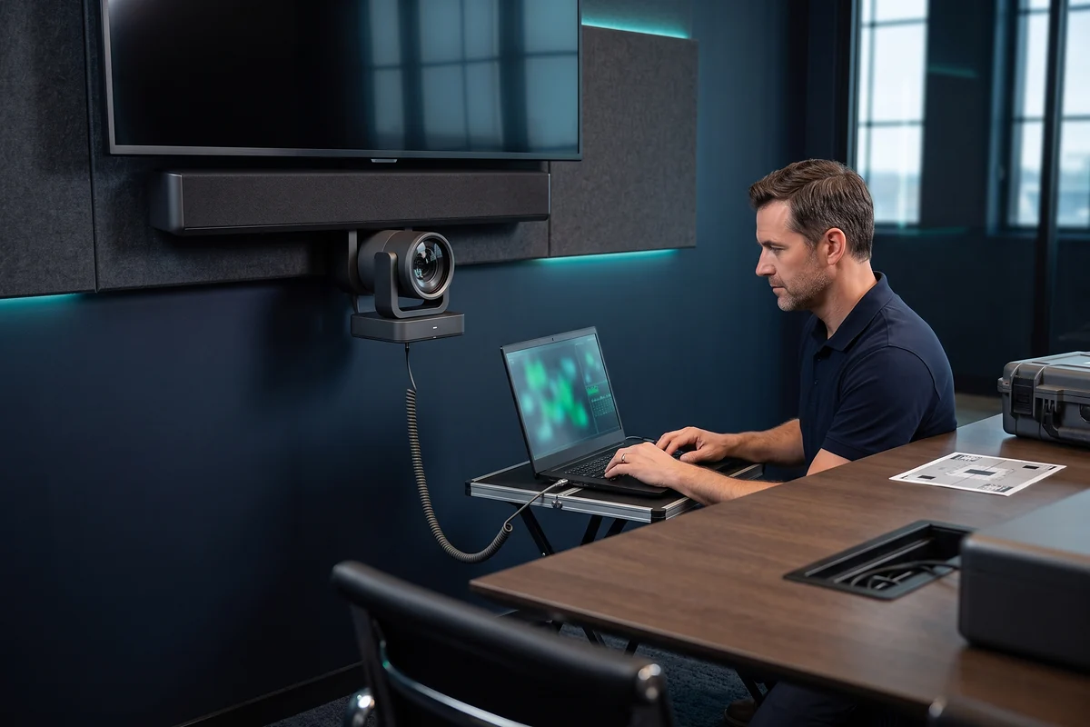 Audio Visual specialist testing the field of view of a conference room camera