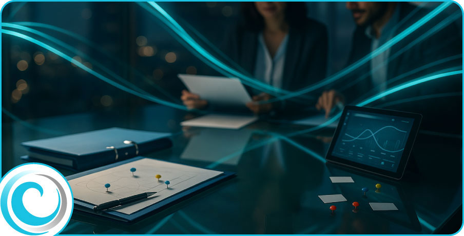 Resilience planning workspace with templates and cool blue light trails