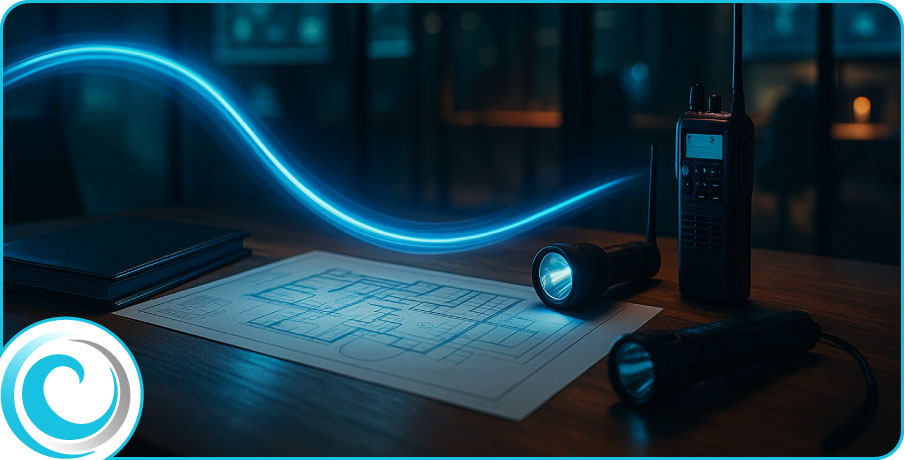 Business continuity planning workspace with recovery run-books and cool blue light trails indicating recovery paths
