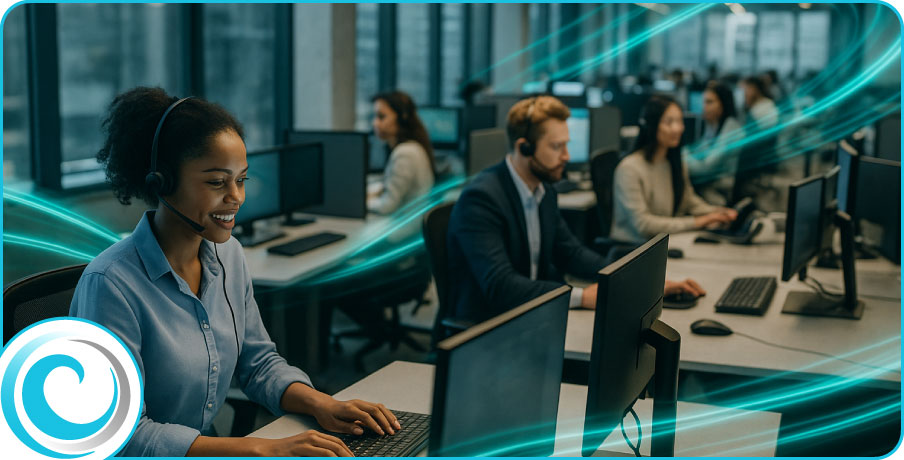 Omnichannel contact centre agents handling voice, chat and email in a modern workspace