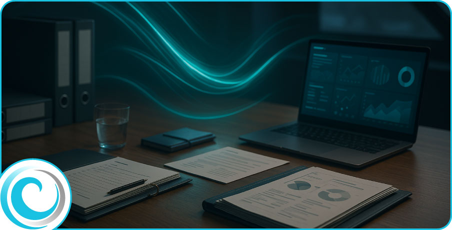 Compliance workspace with structured documentation and subtle teal light trails