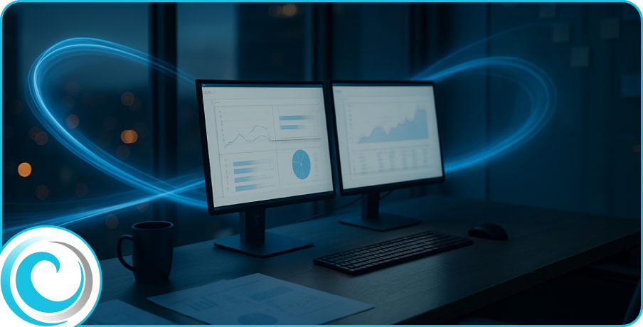 Regulatory change workspace with structured trackers and cool blue light trails indicating evolving rules