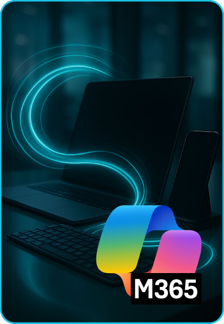 Modern Microsoft 365 desk setup with secure devices and Teams