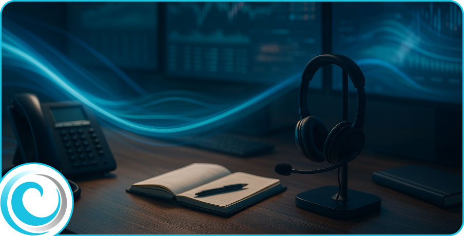 MiFID II compliance workspace with structured documentation and cool blue light trails