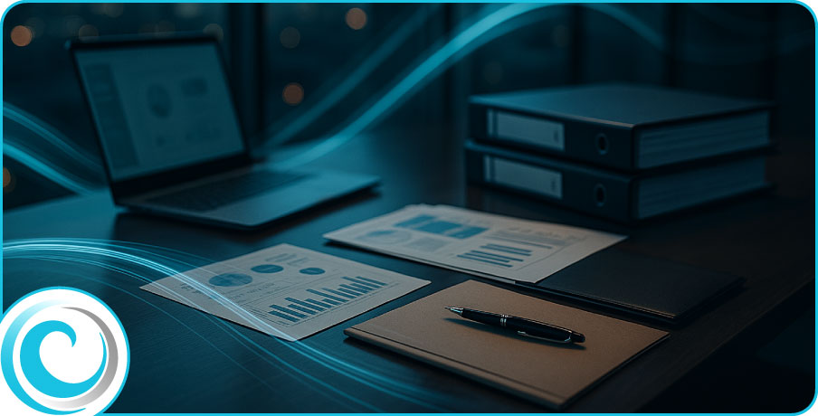 Vendor governance workspace with organised documentation and subtle teal light trails