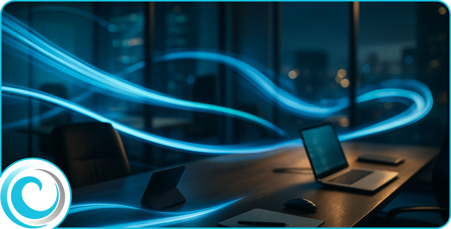 Recruitment services workspace with scorecards, pipelines and cool blue light trails indicating hiring flow