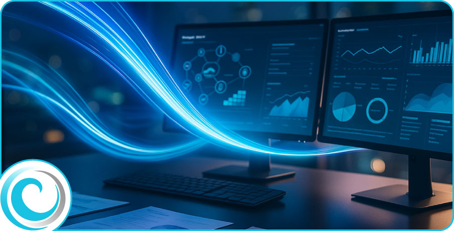 Third-party risk workspace with vendor registers and cool blue light trails indicating oversight