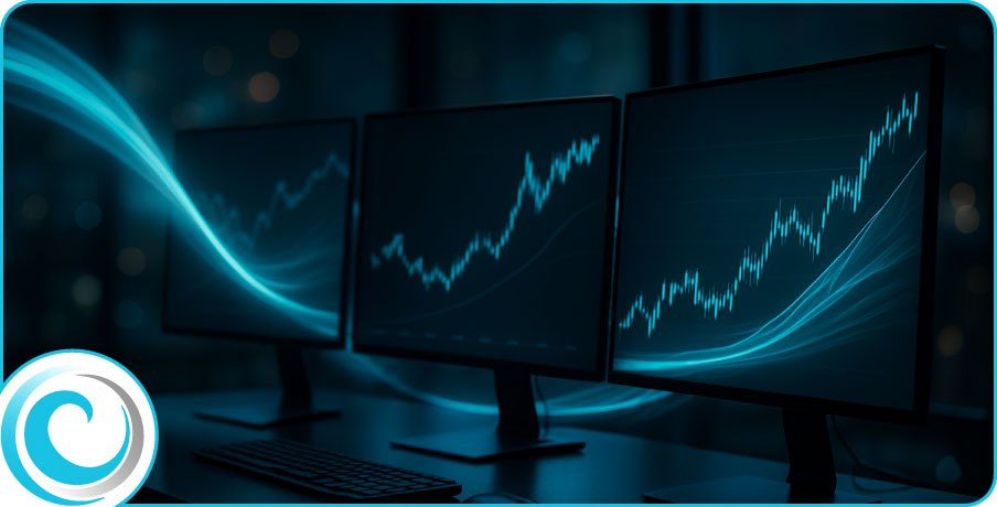 Modern trading workstation with low-light ambience and subtle teal light trails